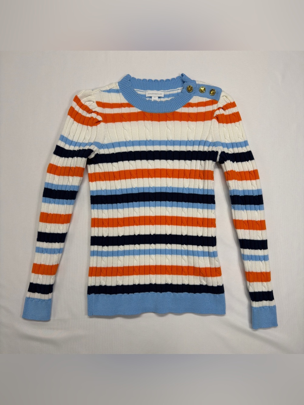 Charter Club Striped Ribbed Crewneck Sweater in Blue, Orange & White